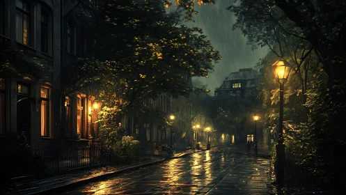 Rain-soaked city street is illuminated by evenly spaced lamps