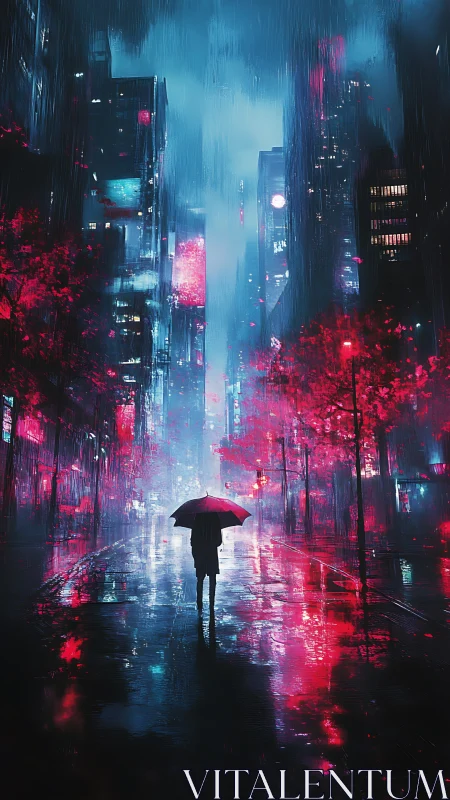 Solitary figure walks neon city street under rain