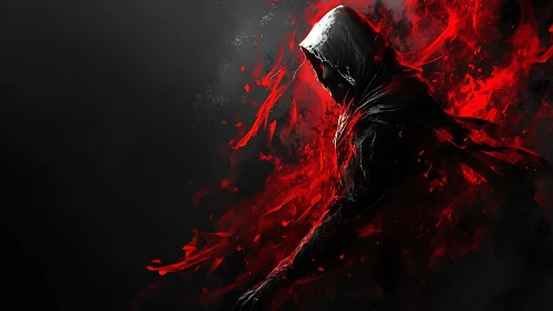 Hooded shadow walker wrapped in swirling red firestorm.