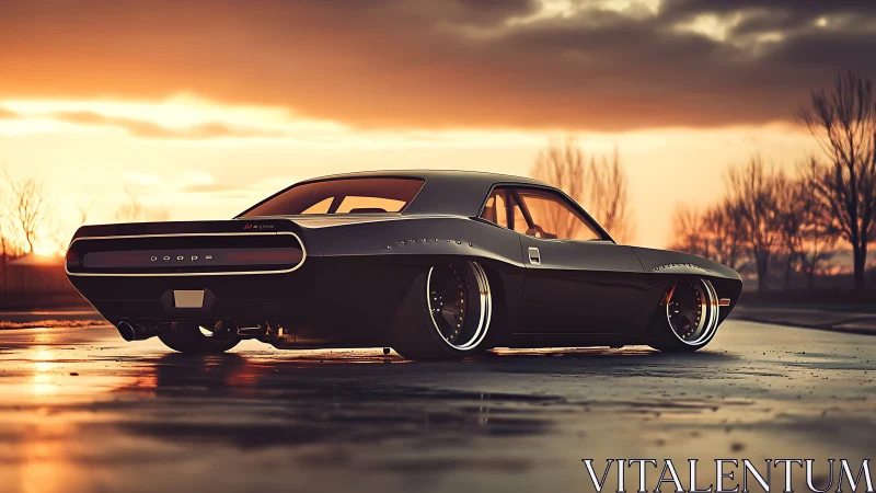 Low-slung retro muscle car in cinematic sunset rendering.