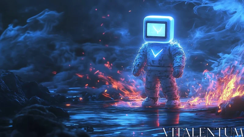 Tiny digital explorer walks calmly through neon fire