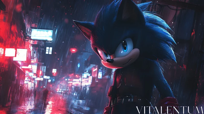 Anthropomorphic blue hedgehog in neon‑lit rainy cyberpunk alleyway