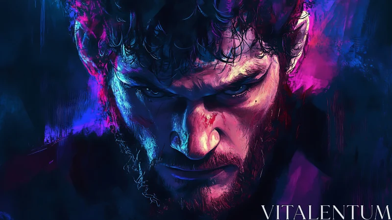 Intense male portrait rendered in neon cyan and magenta light