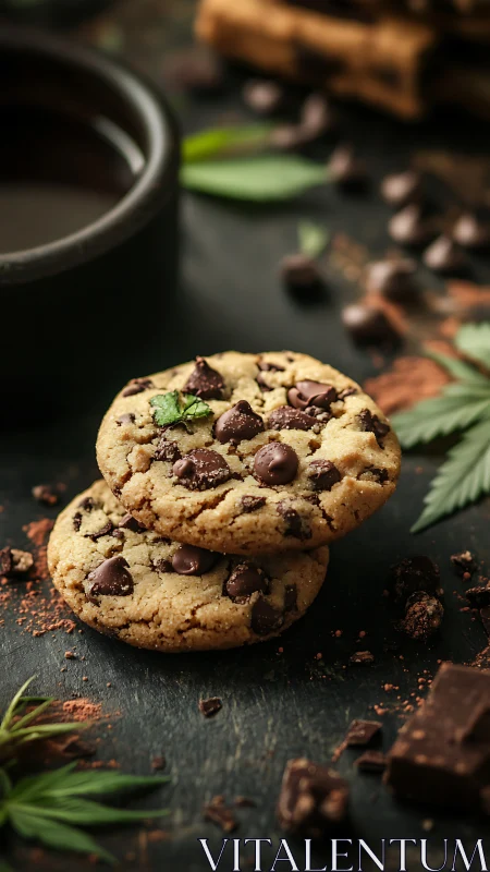 Gourmet chocolate chip cookies with rustic dark styling.