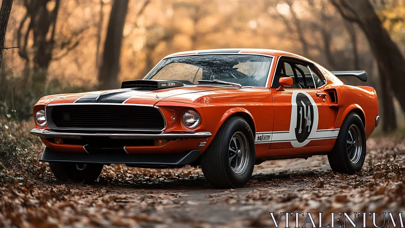 Vintage orange race car stands on leaf-covered forest track
