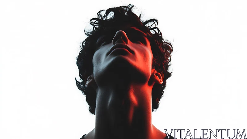 Dramatic low angle portrait under stark red rim light.