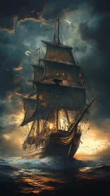 Storm-lit galleon cuts blazing path through dark sea.