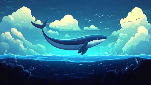 Gentle blue whale drifting through a glowing twilight sea.