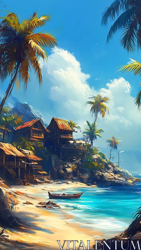 Tropical Beach Settlement With Moored Boat and Palm Trees.