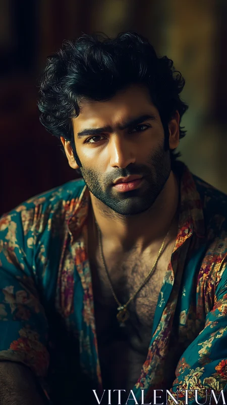 Moody male portrait in patterned shirt under warm lighting.