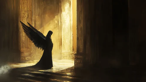 Winged figure stands in strong backlight within tall columns