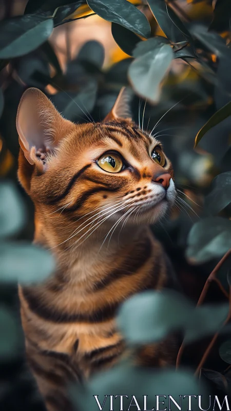 Curious striped cat peeking through lush leafy hideaway.