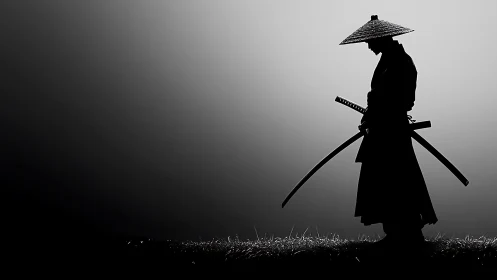 Samurai silhouette with dual katanas against graded monochrome background