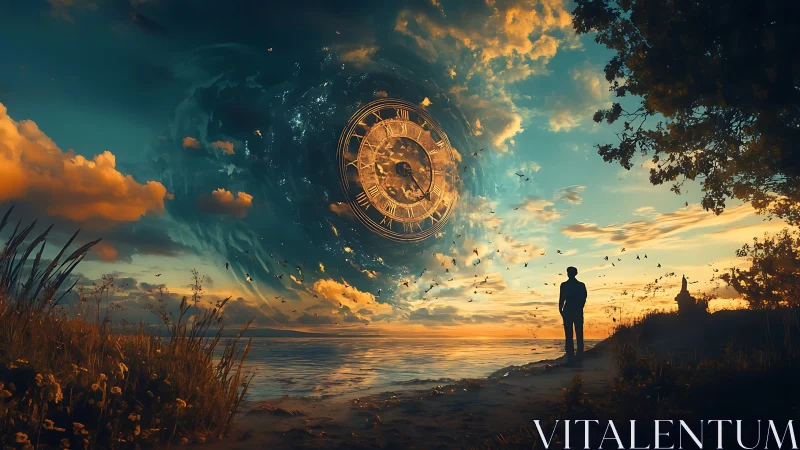 Twilight shore where a cosmic clock unravels the sky.