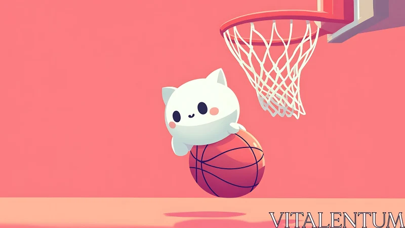 Minimal cat character holding basketball under hoop.