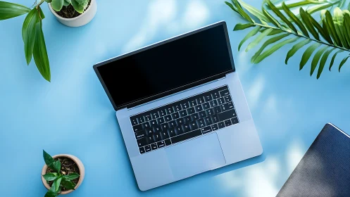 Silver laptop on blue desk with green plants and notebook.