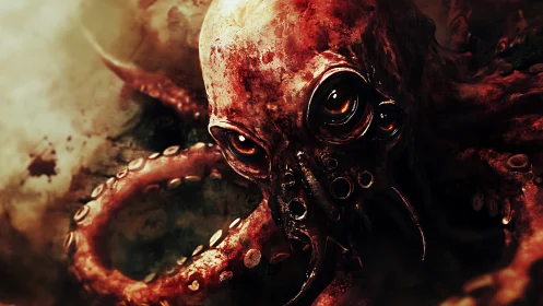 Crimson abyssal horror studies the viewer with molten eyes