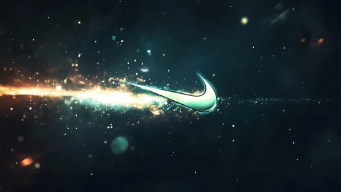 Glowing swoosh logo within abstract cosmic streak field.