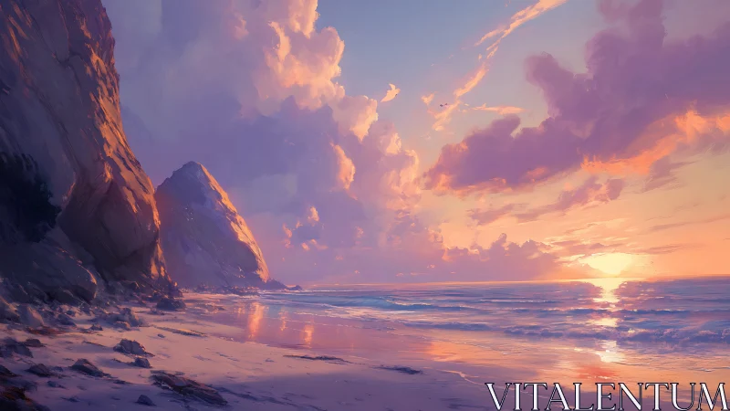 Sunlit cliffs and pastel clouds over tranquil shoreline sunset.