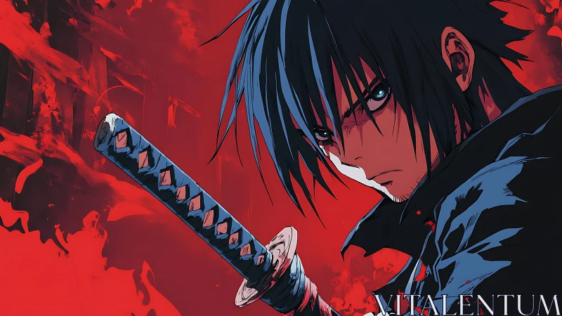 Brooding blue swordsman carved from wildfire red skies.