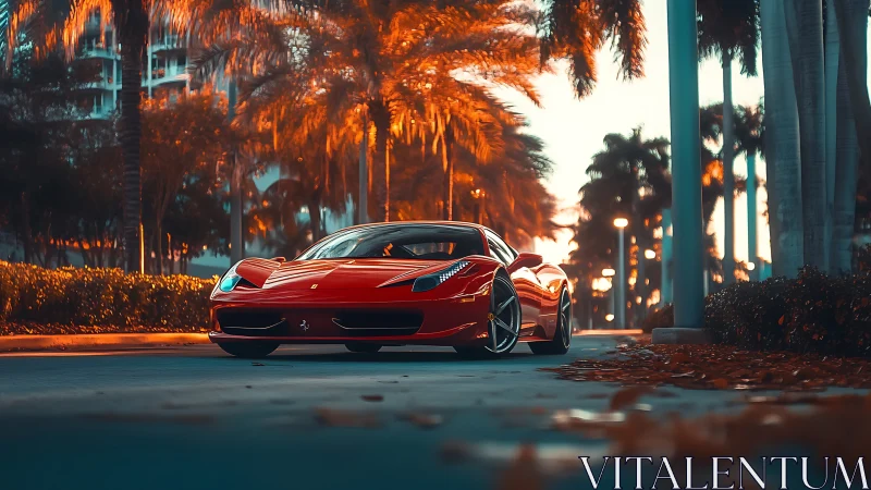 Low-angle red supercar framed by palm-lined boulevard at dusk