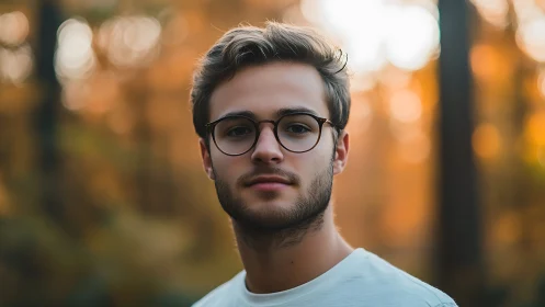 Autumn forest portrait with shallow depth and warm bokeh fields.