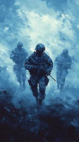 Three armed soldiers advance through abstract blue terrain