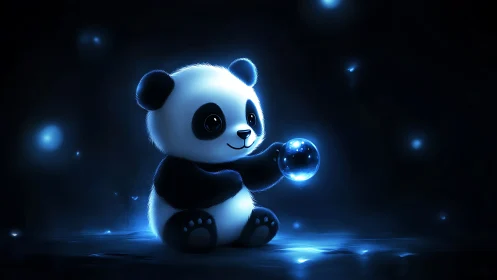 Starlit baby panda cradles a glowing orb in midnight blue.