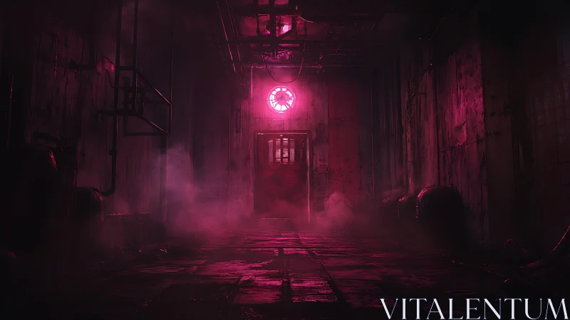 Abandoned industrial corridor lit by eerie pink neon glow.