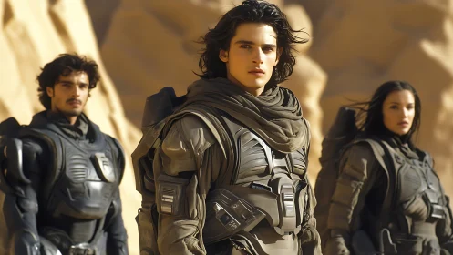 Desert-clad space voyagers stride through sunlit dunes.