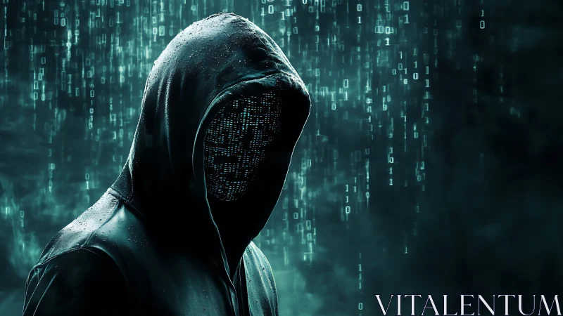 Hooded cyber figure stands in digital rain with code face