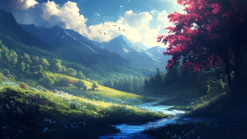 Mountain valley landscape shows river, trees, and clouds