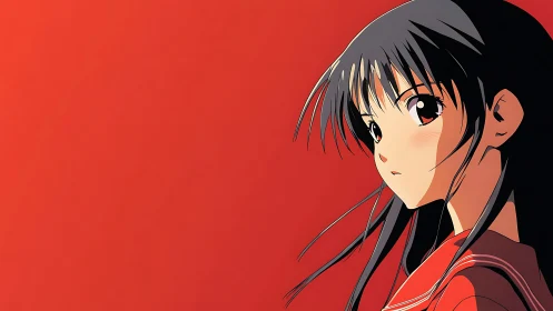 Anime portrait on saturated red minimalist background.