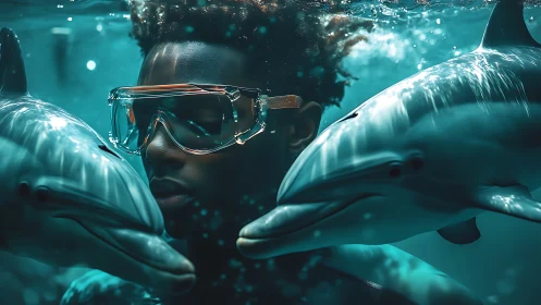 Diver meets dolphins in a serene, cinematic underwater embrace