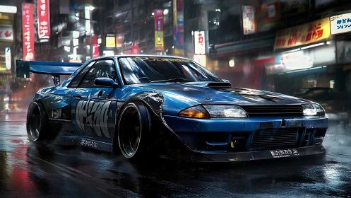 Widebody tuner car cuts through neon-soaked rain in motion