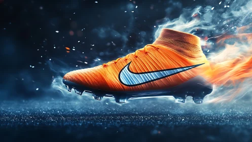Blazing orange football boot in motion with fiery trail.