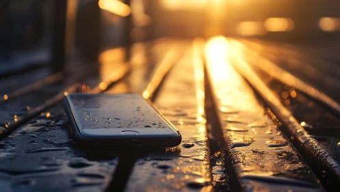 Smartphone on wet bench surface under shallow-depth sunset backlight