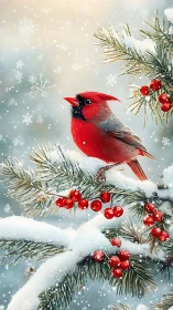 Scarlet cardinal perched on snowy fir branch with winter berries
