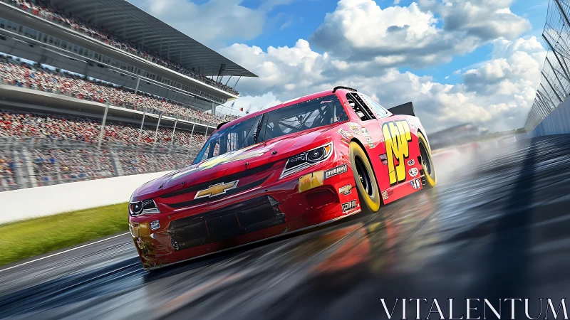 Red stock car slices through wet speedway curve at pace.