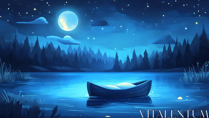 Digital painting nocturne of moonlit lake and drifting boat.