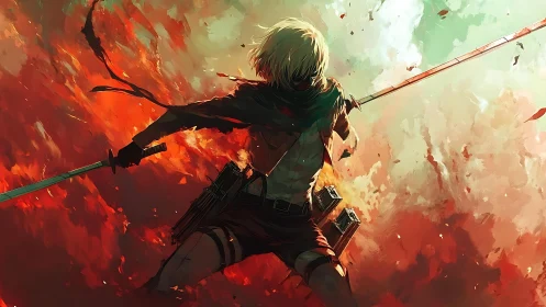 Aerodynamic dual-blade warrior amid turbulent chromatic vortex.