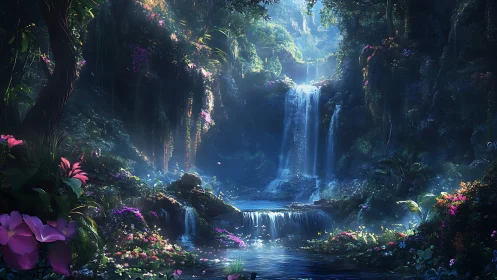 Lush digital forest waterfall with glowing floral accents.
