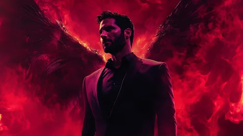 Dramatic winged figure emerges from infernal crimson flames