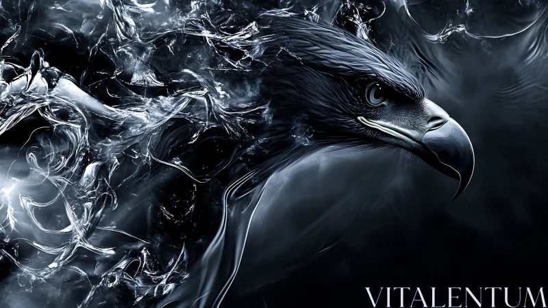 Liquid chrome eagle emerging through dark fluid storm.