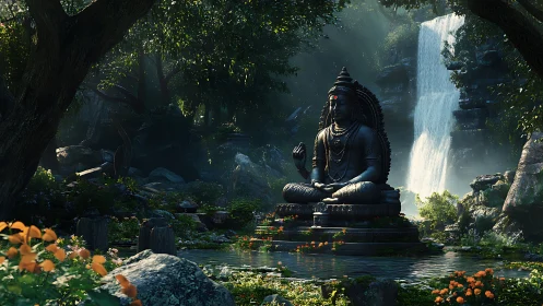 Photorealistic stone deity beside waterfall in forest sanctuary.