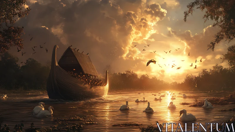 Sunlit drakkar gliding through swan‑filled river estuary.