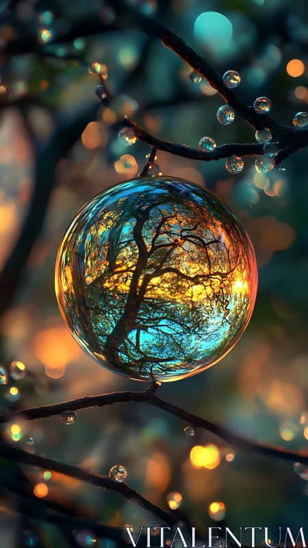 Macro glass sphere with inverted tree reflection at sunset