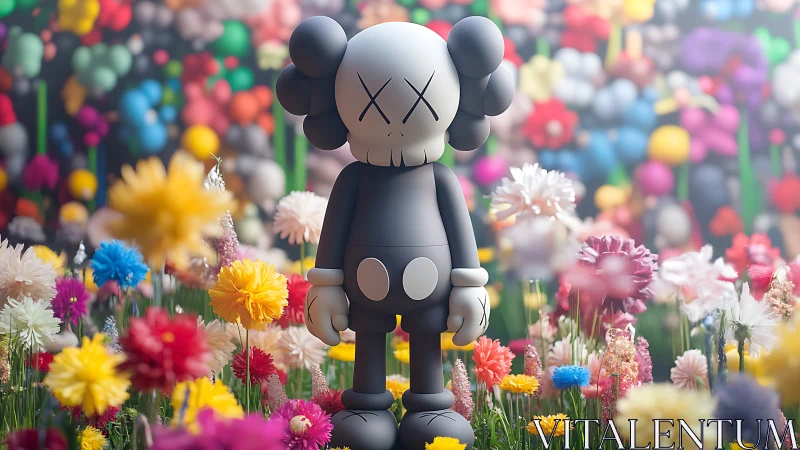 Melancholy vinyl toy drifts through a riotous flower daydream.