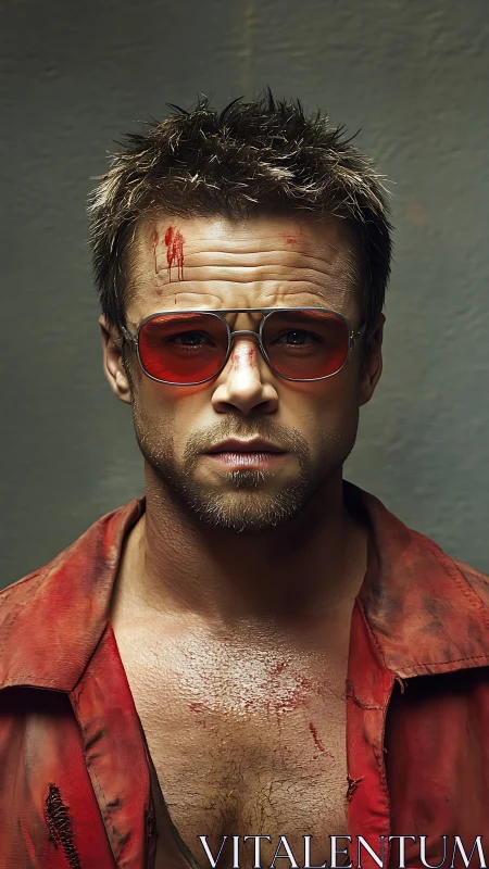 Gritty rebel in red glasses staring down the chaos.