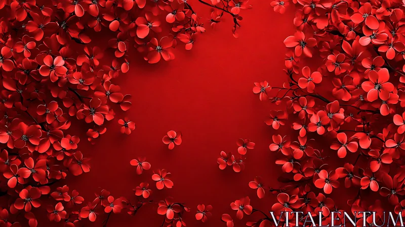 Red flowers on red background with central negative space